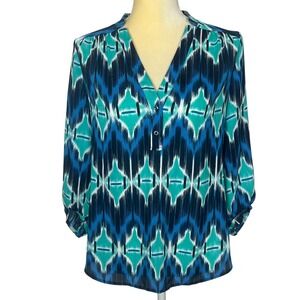 Banana Republic Women's Ikat Print V Neck Long Sleeve‎ Blouse Size XS Teal